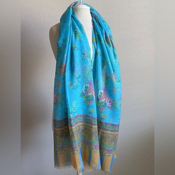 Anthropologie Moksha Wool Floral Paisley Rectangular Turquoise Scarf - Picture 8 of 8